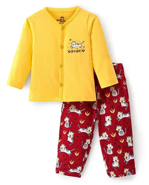 Doodle Poodle 100% Cotton Knit Full Sleeves Front Open Night Suit With Tiger Print - Yellow & Dark Red