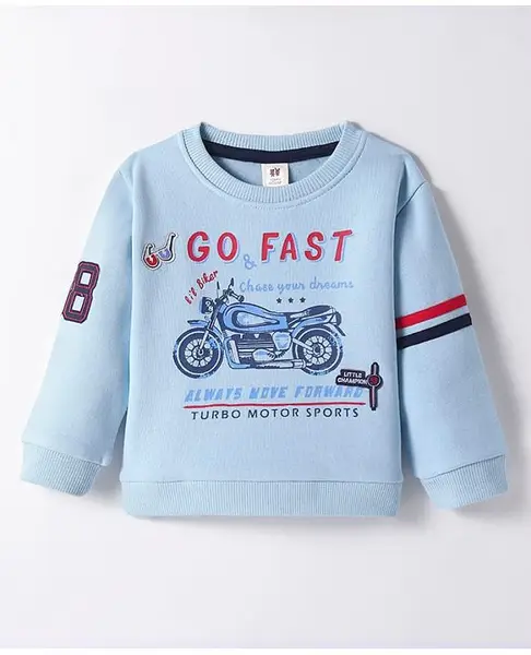 ToffyHouse 100% Cotton Knit Full Sleeves Bike & Text Printed Winter T-Shirt - Light Blue