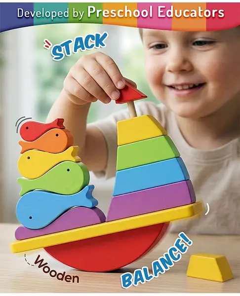 Intelliskills Premium Wooden Rainbow Balancing Ship Stacker