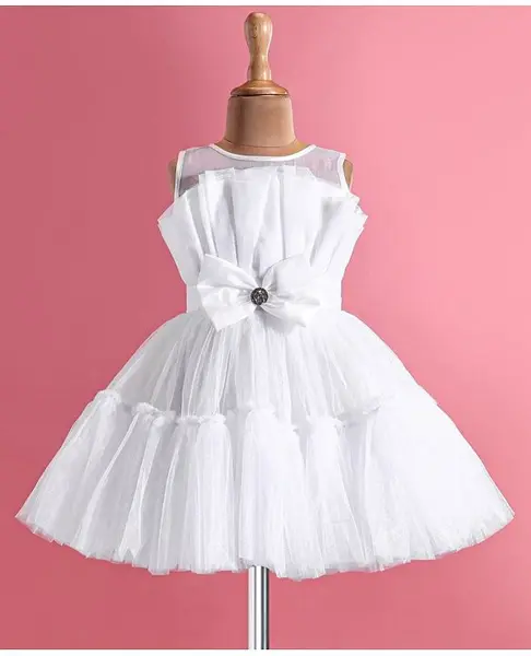 Enfance Sleeveless Solid Bow Applique Flared Dress - White