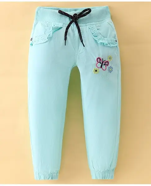 Olio Kids Cotton Knit Full Length Lounge Pant with Frill Detailing & Butterfly Embroidery -Sea Green