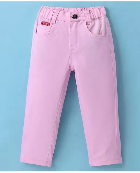 Olio Kids Cotton Woven Full Length Solid Colour Trousers - Pink