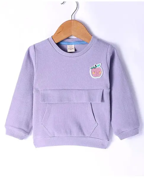 Olio Kids Cotton Knit Full Sleeves Winter T-Shirt with Kangaroo Pocket & Apple Patch - Purple
