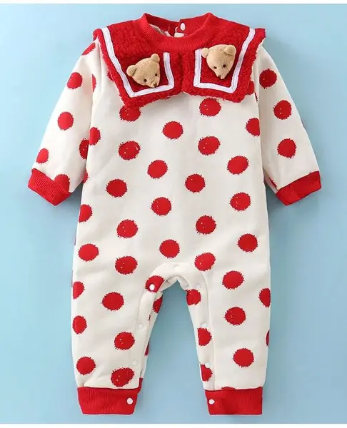 Kookie Kids Full Sleeves Polka Dots Printed Winter Wear Romper with Teddy Applique - Red