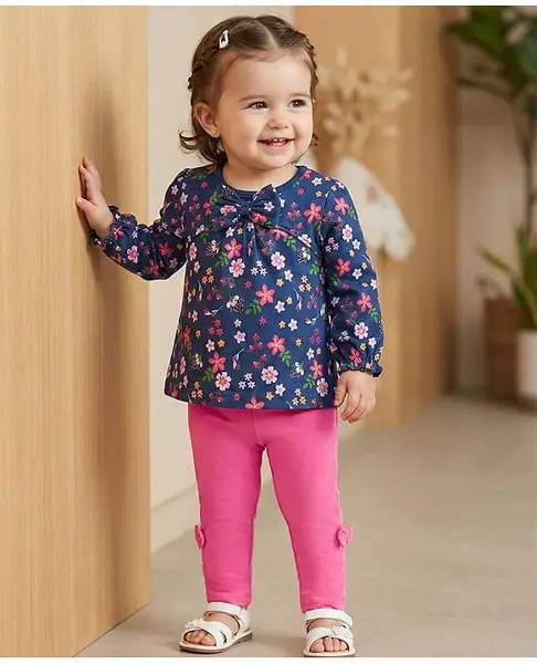 Babyoye Cotton Knit Full Sleeves Top & Legging Set With Floral Print & Bow Applique - Navy Blue