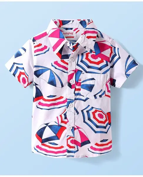 Babyhug Cotton Knit Half Sleeves Regular Collar Shirt Umbrella Print - White