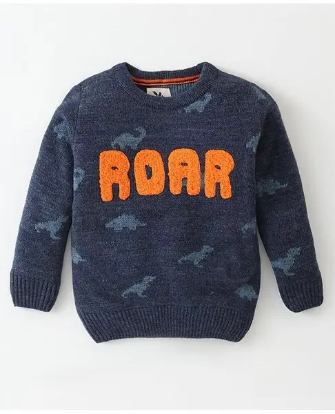 Yellow Apple Knitted Full Sleeves Pullover Sweater With Colour Dino Design & Text Embroidery - Navy Blue