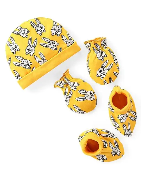 Babyhug 100% Cotton Interlock Knit Cap Mitten  & Booties with Bunny Print - Yellow