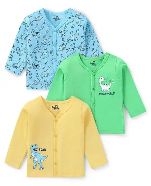 Doodle Poodle 100% Cotton Knit Full Sleeves Dino Printed Jhablas Pack of 3 - Blue Green & Yellow