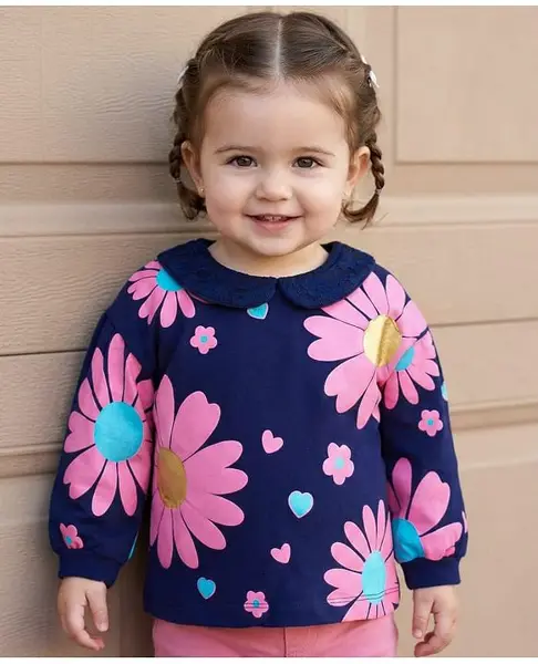 Babyoye Cotton Knit Full Sleeves Floral Printed Top With Peter Pan Collar - Navy Blue