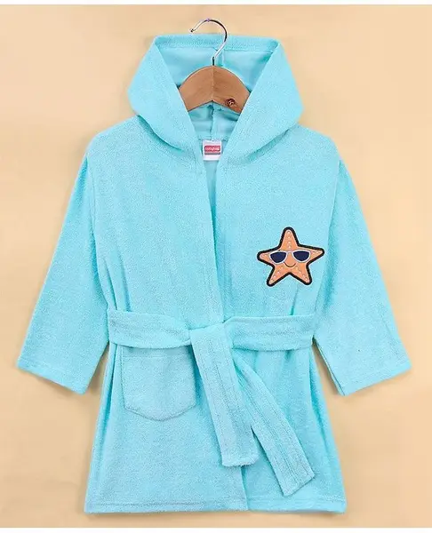Babyhug Full Sleeves Cotton Knit Hooded Bath Robe  Giraffe Embroidery with Pocket - Blue