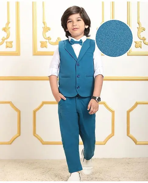 Mark & Mia Full Sleeves Solid Colour 3 Piece Party Suit with Bow - Blue & White