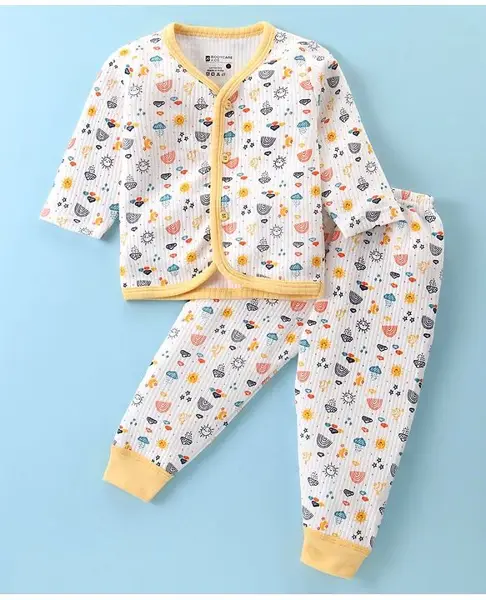 Bodycare Cotton Full Sleeves Front Open Winter Wear Thermal Set with Rainbow Print - Off White
