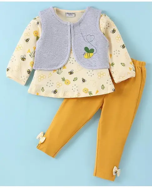 Wonderchild Interlock Full Sleeves Bees Printed Top With Shrug & Pant Set - Lemon Yellow