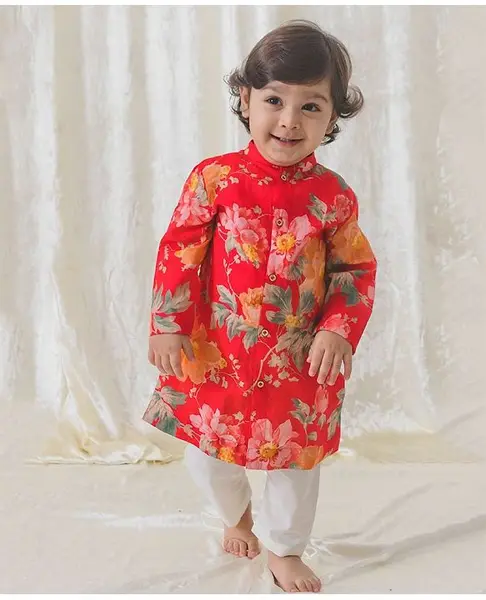 Tiber Taber Cotton Full Sleeves Floral Printed Kurta Pyjama Set - Red