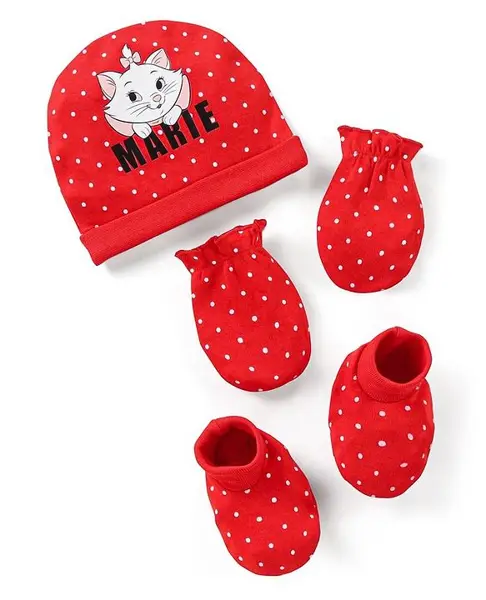 Babyhug Disney Interlock Knit Cap Mittens & Booties  with Aristocats Marie Graphics -Red