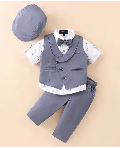 Robo Fry Lycra Knit Full Sleeves Printed 3 Piece Party Suit with Hat & Bow - Greyish Blue