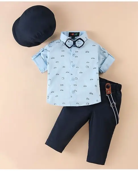 Robo Fry Cotton  Woven Full Sleeves Car Printed Shirt & Trouser Set with Hat Bow & Suspender - Blue