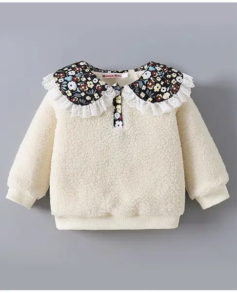 Kookie Kids Full Sleeves Peter Pan Collared Solid Winter Top - Cream
