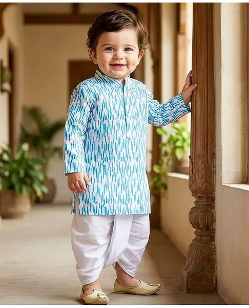 Babyoye Cotton Woven Full Sleeves Printed Kurta Dhoti Set - Light Blue