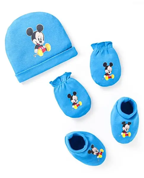 Babyhug Disney Interlock Knit Caps Mittens & Booties With Mickey Mouse Graphic - Light Blue