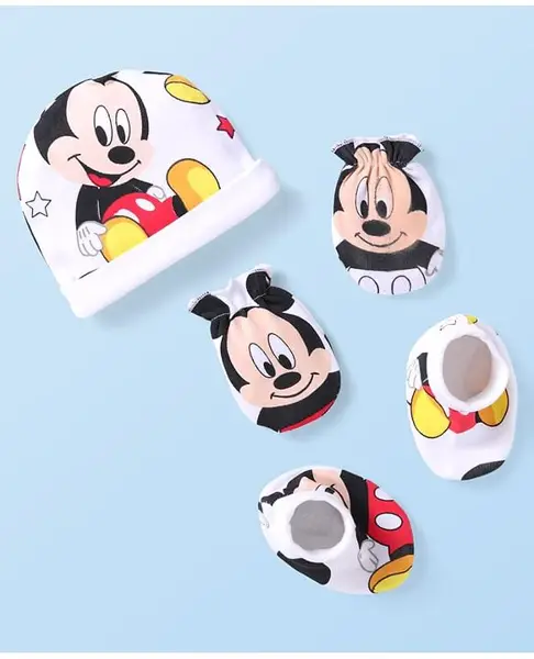 Babyhug Disney Interlock Knit Caps Mittens & Booties With Mickey Mouse Graphic - White