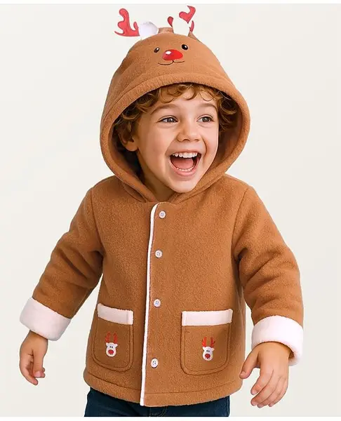 Babyhug Cotton Knit Full Sleeves Hooded Winter Jacket with Reindeer Applique - Brown