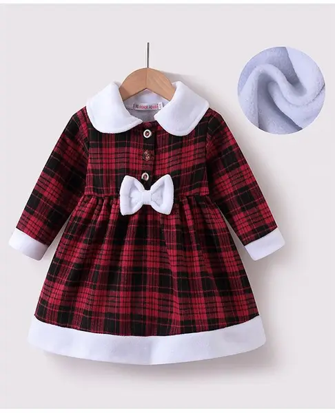 Kookie Kids Full Sleeves Checkered Winter Frock With Bow Applique - Red & White