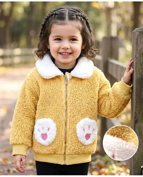 Kookie Kids Full Sleeves Winter Jacket with Paw Applique- Yellow