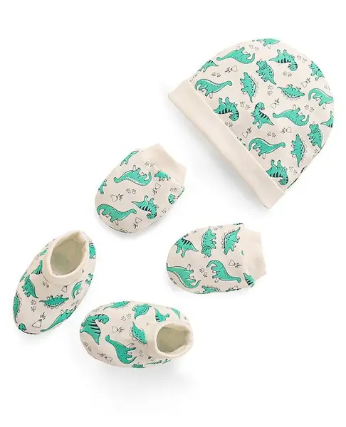 Doodle Poodle Interlock Cotton Knit Cap Mittens & Booties Set with Dino Print  -White