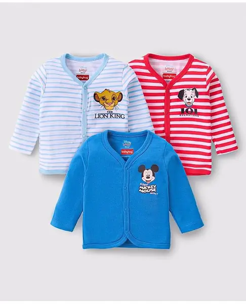 Babyhug Disney Interlock Cotton Knit Full Sleeves Front Open Jhablas with  Mickey Mouse 101 Dalmatians and Lion King Graphics Pack of 3 - Red & Blue