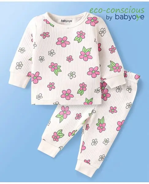 Babyoye Cotton Ribbed Knit Full Sleeves Thermal Vest & Pant With Floral Print - White