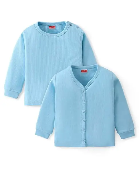 Babyhug Cotton Full Sleeves Solid Colour Pullover & Front Open Thermal Vests Pack of 2 - Light Blue