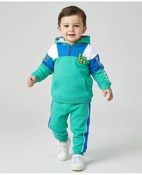 Babyhug Terry Knit Full Sleeves Hooded Cut & Sew Sweatshirt & Lounge Pant Set with Kangaroo Pockets Text Print & Embroidery - Sea Green