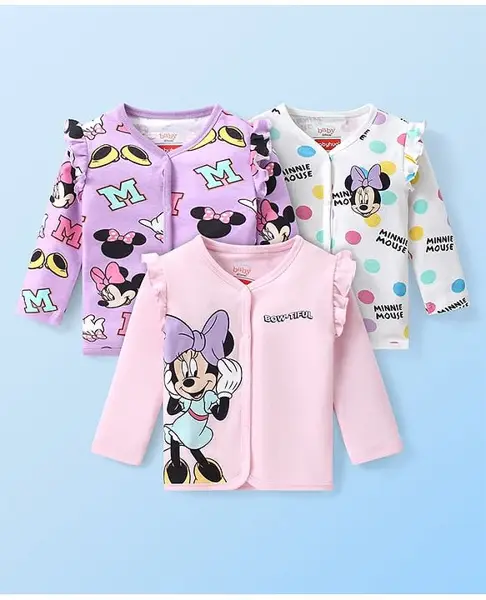 Babyhug Disney Interlock Knit Full Sleeve Jhablas With Minnie Mouse Graphics & Frill Detailing Pack of 3 - White Pink & Purple