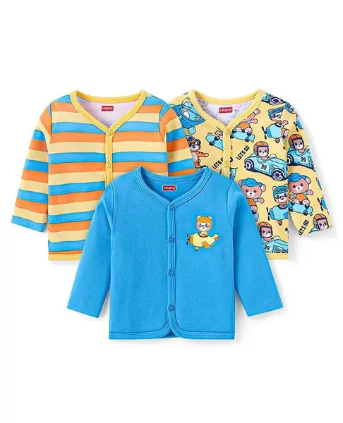 Babyhug 100% Cotton Antibacterial Front Open Vest With Animal Prints Pack of 3 - Blue & Yellow