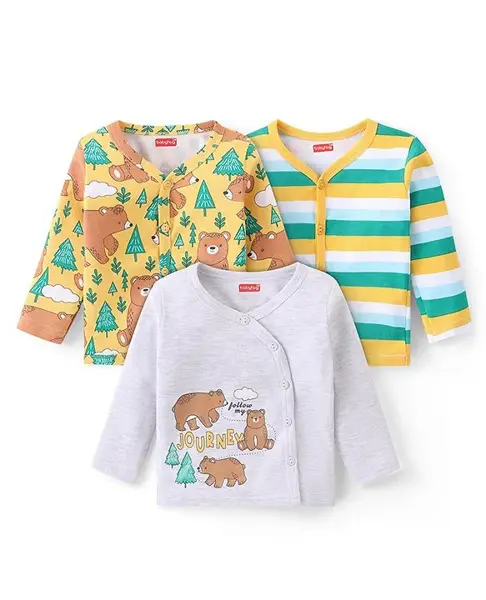 Babyhug Interlock Knit Full Sleeves Front Open Vests with Striped &  Animal Print Pack of 3  - Yellow Light Grey & Green