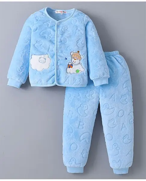 Kookie Kids Full Sleeves Front Open Winter Wear T-Shirt & Lounge Pant Set with Bear  Patch - Light Blue