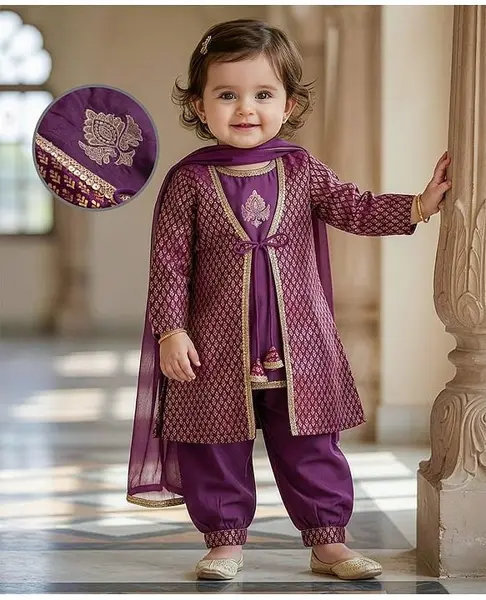 Babyoye Woven Floral Embroidered Kurti Salwar & Dupatta with Full Sleeve Foil Printed Jacket - Purple
