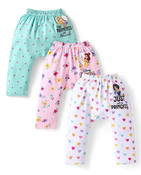 Babyhug Disney Interlock Knit Full Length Diaper Leggings with Disney Princess Print Pack of 3 - Pink White & Blue