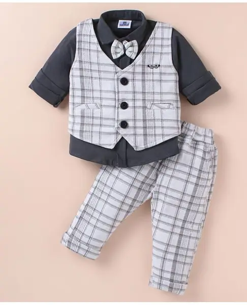Mini Taurus Sinker Knit Full Sleeves 3 Piece Checkered Party Suit with Suspender & Attached Bow - Off White