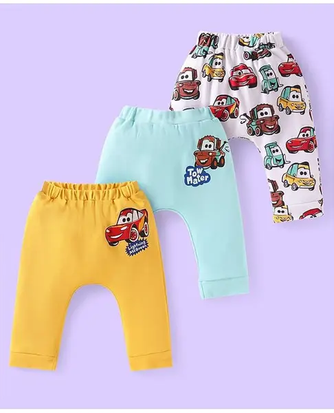 Babyhug Disney Interlock Knit Full Length Diaper Leggings with  Car Graphics Pack of 3 - Blue Yellow & White