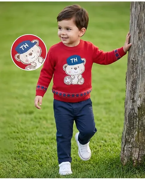 ToffyHouse Knitted Full Sleeves Winter Wear Suits with Bear Design - Red & Navy