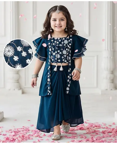 Babyhug Woven Floral Embroidered Lehenga Choli Set with Flutter Sleeves Jacket - Teal