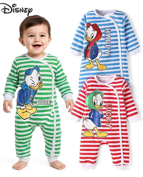 Babyhug Disney Interlock Knit Full Sleeves Striped Rompers With Donald Duck Graphics Pack of 3 - Blue Green & Red