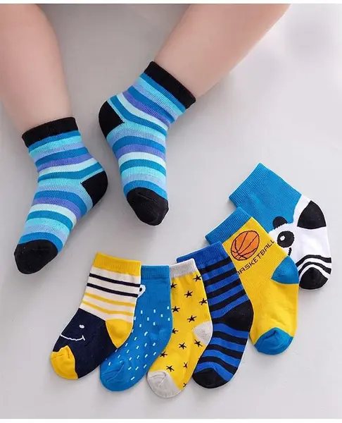 Cute Walk by Babyhug Non Terry Knit Anti-Bacterial Ankle Length Socks With Polka Dots & Strips Pack of 7 - Blue & Yellow