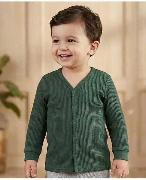 Babyoye Cotton Modal Blend Knit Full Sleeves Front Open Solid Colour Thermal Vest - Dark Green