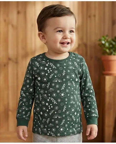 Babyoye Cotton Modal Blend Knit Full Sleeves Floral Printed Thermal Vest - Dark Green