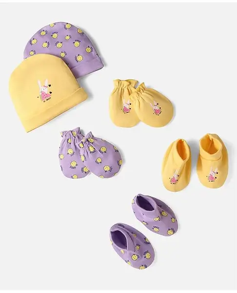 Doodle Poodle Interlock Knit Cap Mittens & Booties Set with Bunny & Text Print Pack of 2 - Yellow & Lavender