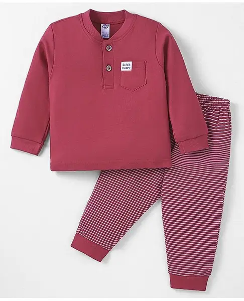 Zero Interlock Knit Full Sleeves T-Shirt & Lounge Pants Set With Text Patch  - Dark Red